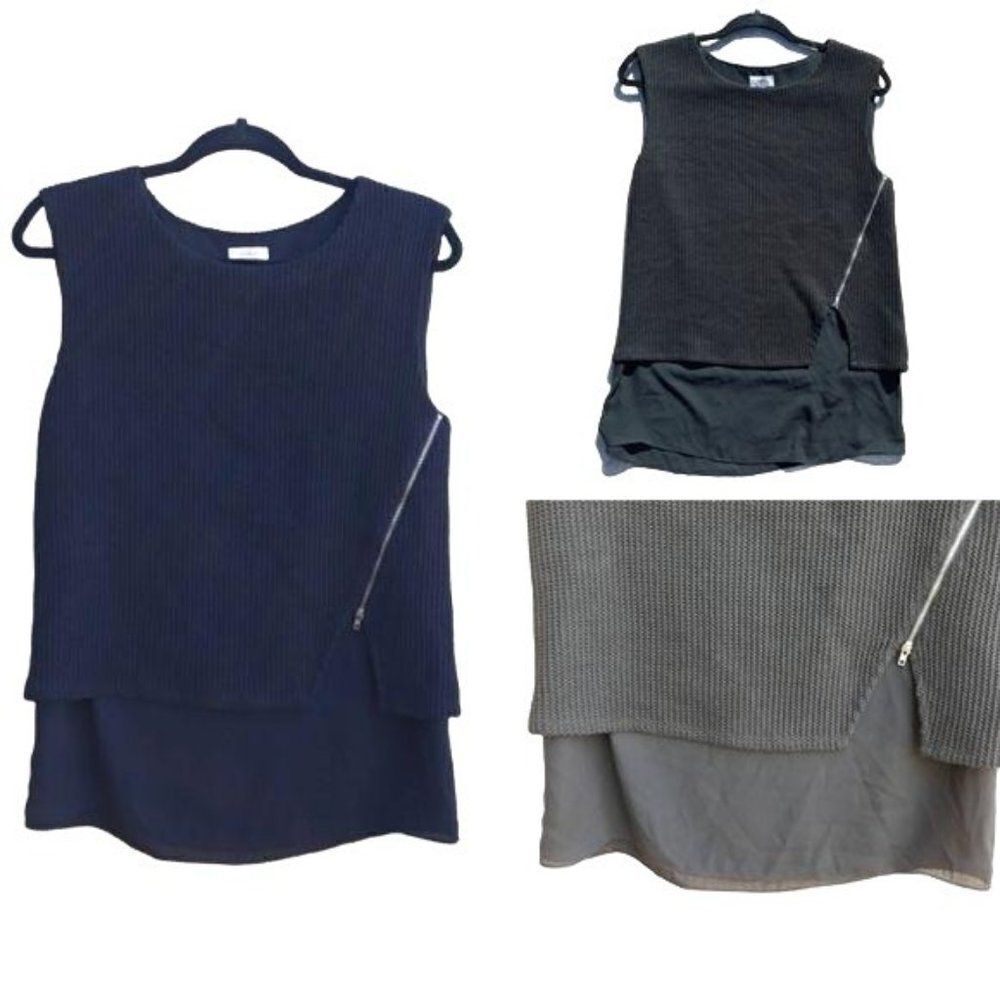 Pixley Top Edgy Lagenlook Layered Waffle Knit Tank‎ Zipper Detailing Black Sz S
